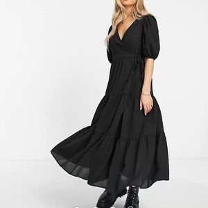 ASOS Design Wrap Front Tiered Smock Midi Dress in Black